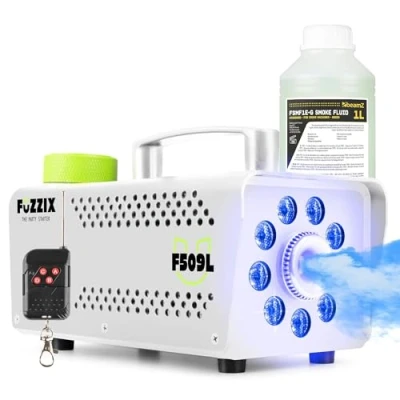 Abbildung von Fuzzix F509LW Nebelmaschine Mini mit LED Lichteffekt und 1L Nebelfluid, 500 Watt Fernbedienung, Rauchmaschine Party, Smoke Machine 9 LEDs RGB für Hochzeiten, Halloween, Partys, Bars, Weiß