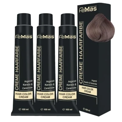 Abbildung von FemMas Haarfarbe 3x Hellblond Kühle Kastanie 8.91 I Professionelle Creme mit Arganöl, Keratin &amp; Ceramiden dauerthafte Haarfärbung oder Tönung für strahlende Farbergebnisse 100 ml