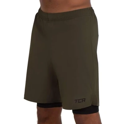 Abbildung von TCA Ultra Sporthose Herren kurz 2 in 1 mit Tasche Kurze Sport Shorts Trainingshose Taschen Laufhose Kompressions Innenhose und Reißverschluss Handytasche Grün, XXL
