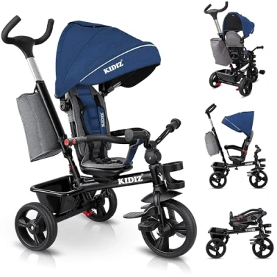 Abbildung von KIDIZ® Dreirad 5in1 Kinderdreirad mit Schubstange Lenksystem Stange ab 1 Jahr, Jogger vorwärts und Rückwärtsfahrt,Korb Tasche Getränkehalter Sonnendach Gummiräder Buggy Fahrrad Baby Klappbar, Blau