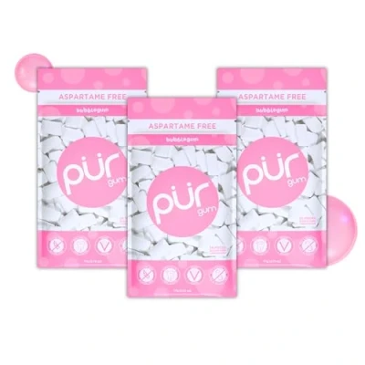 Abbildung von Pur Gum Zuckerfreier Kaugummi 100% Xylit Vegan, Aspartamfrei, Glutenfrei &amp; Diabetikerfreundlich Natürlicher Mit Bubblegum Geschmack, 55 Stück (3er Pack)