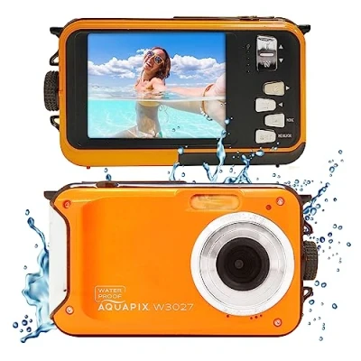 Abbildung von Aquapix W3027 &#039;Wave&#039; Unterwasserkamera, wasserfest bis 3 m, 2.7&quot; Display, zu 30 MP Auflösung, 4X Digital Zoom, 5 Sensor, Orange
