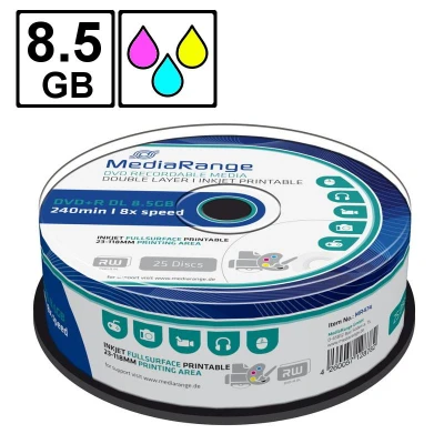 Abbildung von DVD+R 8,5 GB MEDIARANGE printable FS 8x Double Layer Cakebox 25 Stück