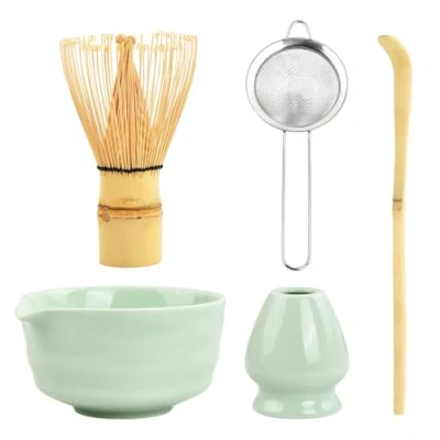 Abbildung von 5 in 1 Matcha Set Japanisches Tee mit Besen, Schale Ausgießer, Schneebesen, Halter Handwerklich Tea aus Keramik Zubehör für Zeremonie (Hellgrün)