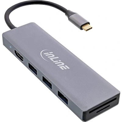 Abbildung von InLine® USB 3.2 Typ C Multi Hub (3X A 5Gb/s + (PD 100W), Cardreader, HDMI 4K@30Hz), OTG, Metallgehäuse