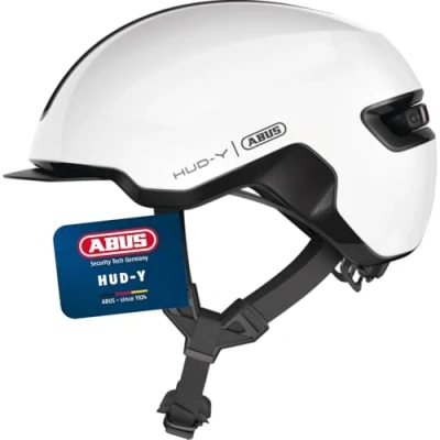 Abbildung von ABUS Urban Helm HUD Y mit magnetischem, aufladbarem LED Rücklicht &amp; Magnetverschluss cooler Fahrradhelm für den Alltag Damen und Herren Weiß Glänzend, Größe S, S (51 55 cm)