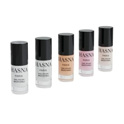 Abbildung von Hasna Paris Halal Nagellack Kollektion Öko Verantwortung Glanz und langer Halt einfach aufzutragen 5 x 6 ml (NUDE)