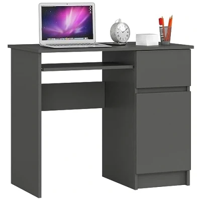 Abbildung von AKORD Piksel Schreibtisch Klein mit Schubladen Office Desk Computertisch Bürotisch Tastaturablage Schublade und Fach Tür B90 x H77 T50 cm 30 kg Schrank Rechts Graphitgrau