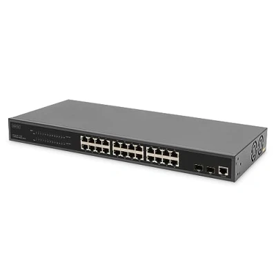 Abbildung von DIGITUS 27 Port Managed Gigabit PoE Netzwerk Switch 24 RJ45 Ports 2 SFP 1 Console 450W Budget L2 Features 19 Zoll 10/100/1000 Mbps schwarz
