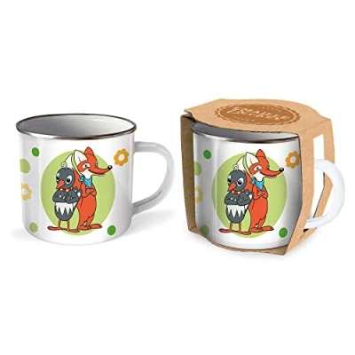 Abbildung von Trötsch Unser Sandmännchen Emaille Becher Tasse Fuchs und Elster: Kaffeetasse Teetasse Geschenkidee Geschenk Emaillebecher