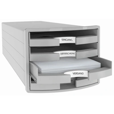 Abbildung von HAN Schubladenbox IMPULS 2.0 mit 4 offenen Schubladen für DIN A4/C4 inkl. Beschriftungsschilder, Auszugsperre, möbelschonende Gummifüße, Design in premium Qualität, 1013 11, lichtgrau