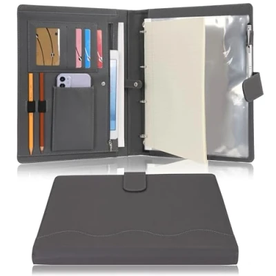 Abbildung von Wonderpool A4 PU Leder Ringhalter Schreibmappen Multi Dokumententasche mit Herausnehmbarem Binder Klemmbretter und funktioneller Tasche für Organizer Büro Reise Schule (Grau)