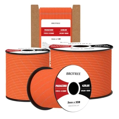 Abbildung von Brotree Paracord 3mm 30M 100% Nylon Seil Schnur Typ II 425 mit 3 Kern für Survival, Outdoor, Armband, Basteln Bruchlast 192kg (Reflektierende Orange)