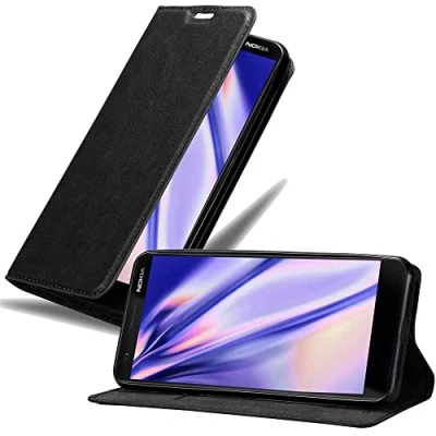 Abbildung von Cadorabo Hülle kompatibel mit Nokia 3,1 aus Premium Kunst Leder Flip Klappbare Stoßfeste Magnetische [Standfunktion] [Kartenfächern] Cover für Tasche in Schwarz