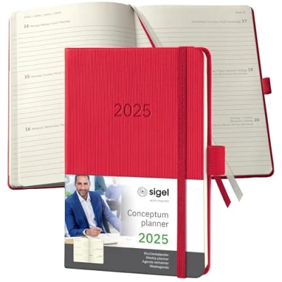 Abbildung von SIGEL C2565 Terminplaner Wochenkalender 2025, ca. A6, rot, Hardcover, 176 Seiten, Gummiband, Stiftschlaufe, Archivtasche, aus nachhaltigem Papier, Conceptum
