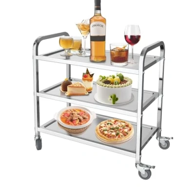 Abbildung von MOOTACO Servierwagen Küchenwagen Edelstahl Rollwagen Teewagen Transportabräumwagen Gastro Servierhilfe 3 Borde 4 Räder (950x500xH950mm)