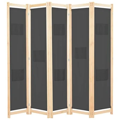 Abbildung von vidaXL Holz Raumteiler 5 TLG. Paravent Trennwand Umkleide Sichtschutz Spanische Wand Raumtrenner Stellwand Grau 200x170x4 cm Stoff Klappbar Platzsparend