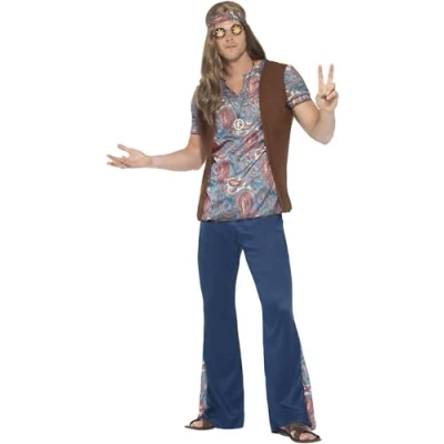 Abbildung von Smiffys Hippie Kostüm Hanf Faschingskostüm 4teilig für Karneval, Schlaghose und Paisleymuster die Standardausstattung der 70er