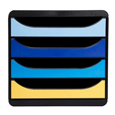 Abbildung von Exacompta 3104202D Ablagebox BeeBlue aus Recycling Kunststoff mit 4 Schubladen für DIN A+ Dokumente. Belastbare Schubladenbox mehr Platz auf dem Schreibtisch. Big Box Blauer Engel