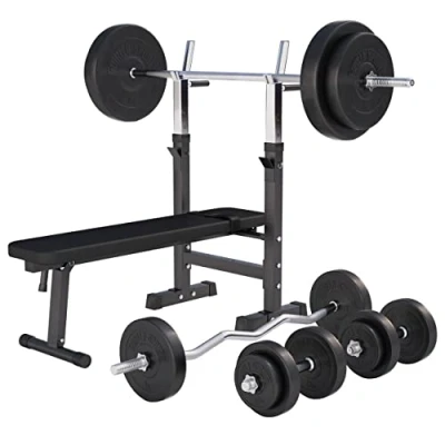 Abbildung von GORILLA SPORTS Hantelbank mit Ablage, Dip Station, inkl. Hantelset 100kg, Klappbar, Schwarz/Weiß
