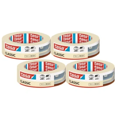 Abbildung von tesa Malerband CLASSIC im 4er Pack Abdeckband zum Abkleben bei Malerarbeiten lösungsmittelfrei, rückstandslos entfernbar 4 Rollen je 50 m