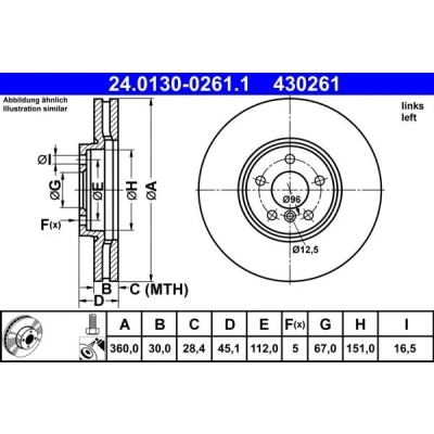 Abbildung von ATE 24.0130 0261.1 Bremsscheibe 360,0 30,0 5 112,0 Belüftet beschichtet hochgekohlt mit Schrauben BMW: X1, 1 Schrägheck, X2, MINI: Clubman