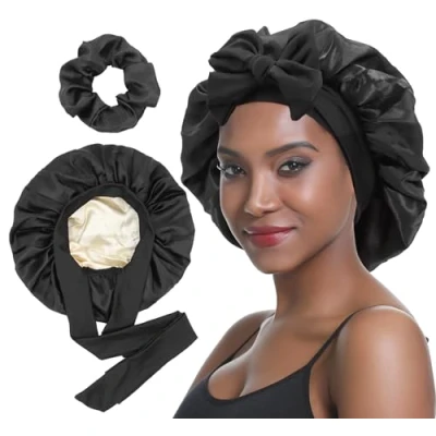 Abbildung von SENGTERM Satin Haarhaube Damen Doppelseitig Seidenhaube mit Elastischen Krawattenband für Lockige Haare Nachtmütze (Schwarz)