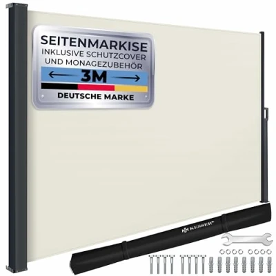 Abbildung von KESSER® Seitenmarkise ausziehbar Markise 160 x 300 cm Blickdicht Sichtschutz &amp; Windschutz für Garten Balkon Terrasse, Seitenrollo mit Wandhalterung, inkl. Wettercover Montagezubehör, Beige