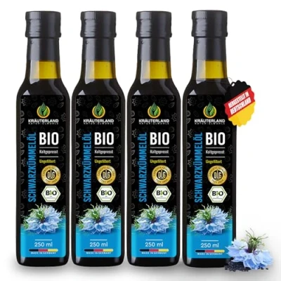 Abbildung von Kräuterland Bio Schwarzkümmelöl 4x250ml (1Liter), ungefiltert, schonend kaltgepresst reich an THYMOCHINON Frischegarantie: täglich mühlenfrisch direkt von unserer hessischen Ölmühle