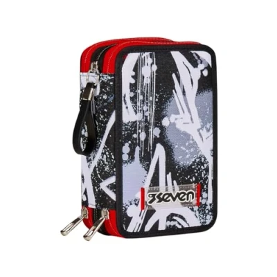 Abbildung von Seven Federmäppchen mit 3 Fächern, Schwarz, Fächer, komplett Bleistiften, Filzstiften, Farben, Zubehör Rucksack, Grundschule, Mittel, Ober, Kinder und Jungen, schulisch