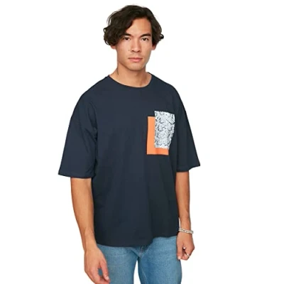 Abbildung von Trendyol Herren Relaxed Standard Crew Neck Woven T Shirt Hemd, Marineblau, XL