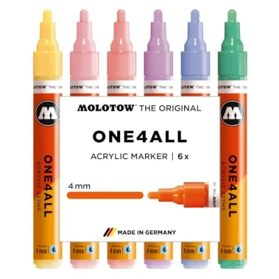 Abbildung von Molotow One4All 227HS Acryl Marker Pastel Classic Set (4,0 mm Strichstärke, hochdeckend und permanent, schnell trocknend, nachfüllbar, für fast alle Untergründe) 6 Stück sortiert