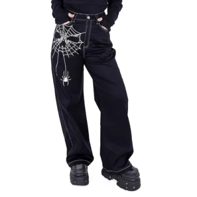 Abbildung von Heartless Widowmaker Jeanshose mit Hoher Taille Kontrastierendem Totenkopfnetz Weitem Bein im Gotisch Stil, Schwarz, 32W