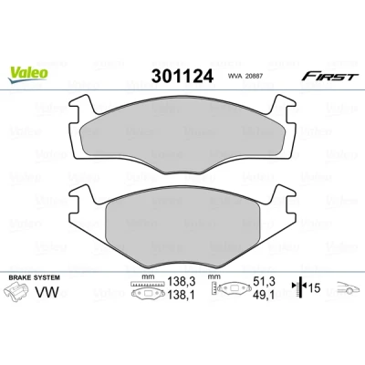 Abbildung von VALEO 301124 Bremsbelagsatz FIRST Vorderachse exkl. Verschleißwarnkontakt ohne Anti Quietsch Blech VOLKSWAGEN: GOLF 1, 3, 2, SEAT: Ibiza 2