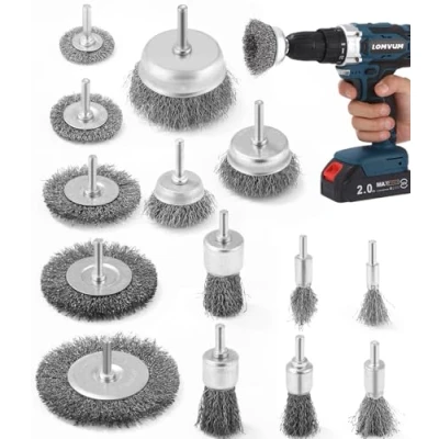 Abbildung von 14 teilig Drahtbürste Bohrmaschine Metall Satz,Rundschaft 6mm,Abtragen und Polieren,teilig für Bohrmaschine, gewellter Stahldraht ,Im Set Scheiben, Topf, Pinsel Zylinderstahlbürste
