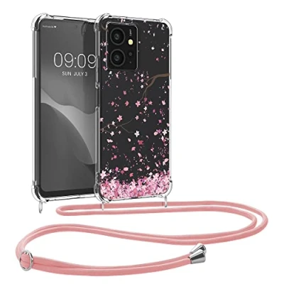Abbildung von kwmobile Necklace Case kompatibel mit Xiaomi Redmi Note 12 (4G) Hülle Silikon Cover Handykette Rosa Dunkelbraun Transparent Kirschblütenblätter