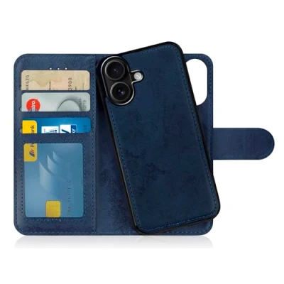 Abbildung von MyGadget Flip Case für iPhone 16 [ abnehmbare Magnet Hülle ] Handyhülle aus Kunstleder Klapphülle mit Kartenfach Schutzhülle in Dunkelblau