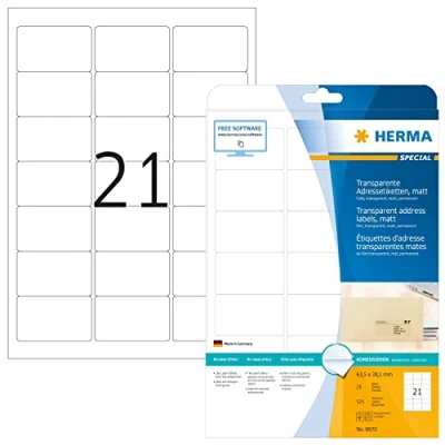 Abbildung von HERMA 8670 Wetterfeste Folienetiketten transparent, 25 Blatt, 63,5 x 38,1 mm, 21 pro A4 Bogen, 525 Stück, selbstklebend, bedruckbar, matt, blanko Klebeetiketten Aufkleber aus Folie, durchsichtig