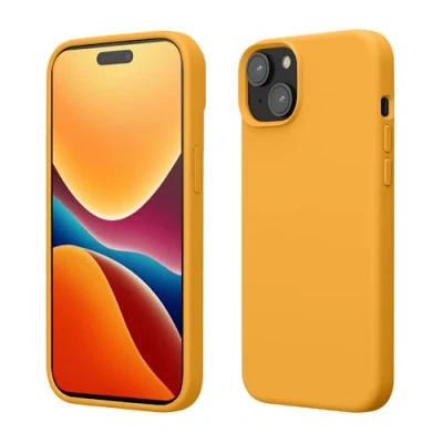 Abbildung von kwmobile Hülle für das iPhone 15 Silikon Handy Case stoßfeste Handyhülle mit weicher Oberfläche Mango