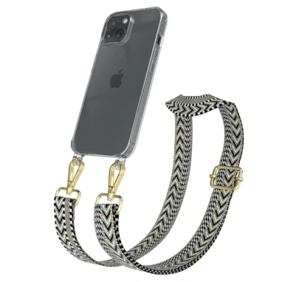 Abbildung von EAZY CASE Handykette mit verstellbarem Trageriemen für iPhone 15 Taschengurt zum Wechseln transparenter Handyhülle Hülle dünner Schulterriemen in Grün Schwarz Gold
