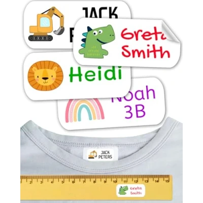 Abbildung von Namensaufkleber für Kinder. Kleidung und Gegenstände. Namensschilder waschmaschinenfest personalisiert text symbolen (Weiß, 400 Stück)
