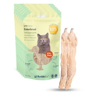 Abbildung von RumbleBox XXL 100% Entenbrust Gefriergetrocknete Katzensnacks, Fleisch im Ganzen ohne Getreide und Zucker für Allergiker, NUR 1 ZUTATEN (Sparbox 6x50g)