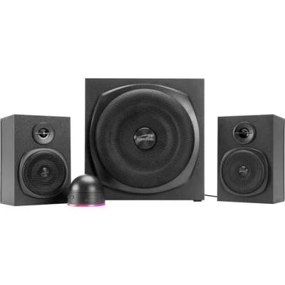 Abbildung von Speedlink Gravity LT PC Lautsprecher 2.1 Soundsystem Bluetooth mit Subwoofer aus Holz, Aktiv Lautsprechersystem 80 Watt, 3,5mm Klinke AUX, RGB Tischfernbedienung, schwarz