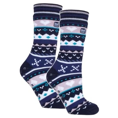 Abbildung von HEAT HOLDERS Damen 2 Paar Multi Gemusterte Thermosocken Antirutsch Kuschelsocken mit Noppen für Winter (37 42, Marineblau/Lila)