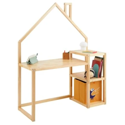 Abbildung von IDIMEX Kinderschreibtisch NIVIA, Hausform Schreibtisch mit Regal Stauraum natur