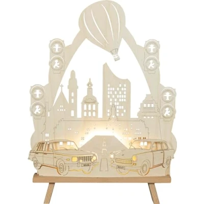 Abbildung von Rudolphs Schatzkiste Lichterspitze Trabant &amp; Wartburg LED Beleuchtung Natur BxHxT 32x44x6cm NEU Schwibbogen Lichterbogen Fensterbogen Spitzbogen Erzgebirge Weihnachten Bergbau Bergmann Licht Holz