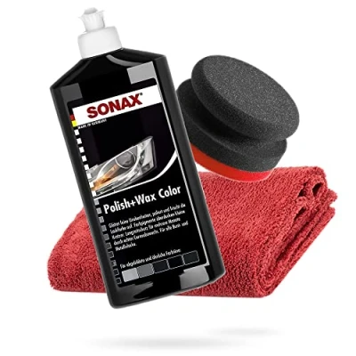 Abbildung von detailmate SONAX Hand Polier Bundle Polish+Wax Color schwarz 500ml + Handpolierschwamm hart Ø90/50mm Edgeless Mikrofaser Poliertuch 550GSM rot