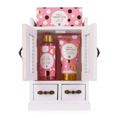Abbildung von Accentra Geschenkset Frauen Let&#039;s Celebrate Beauty Set mit Schaumbad, Bodylotion &amp; Badesalz im dekorativen Holzschrank Wellness für und Mädchen zum Geburtstag Valentinstag