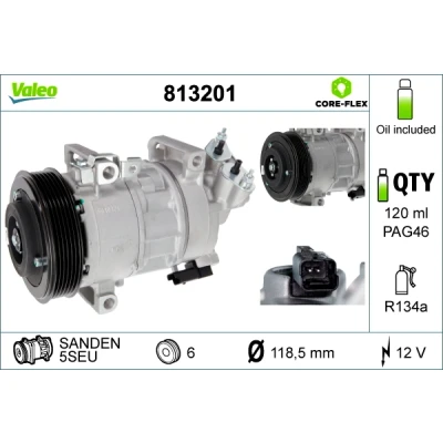 Abbildung von VALEO 813201 Kompressor 5SEU 12 PAG 46 R 134a mit Kompressoröl NEW ORIGINAL PART PEUGEOT: 5008 I, 308 I Schrägheck, SW, CITROËN: Berlingo II
