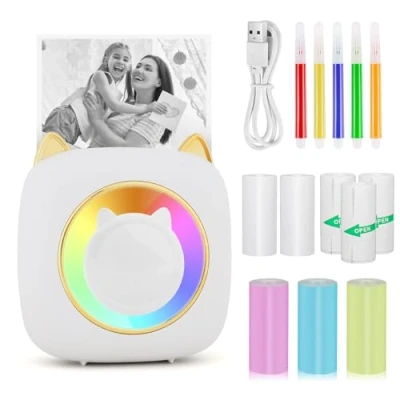 Abbildung von GuKKK Mini Drucker, Mobiler Fotodrucker, Tragbarer Fotodrucker mit Sieben Farben LED, Wireless Thermodrucker, Smartphone Bluetooth für Lernhilfe,Lernnotizen,Journal (Weiß)